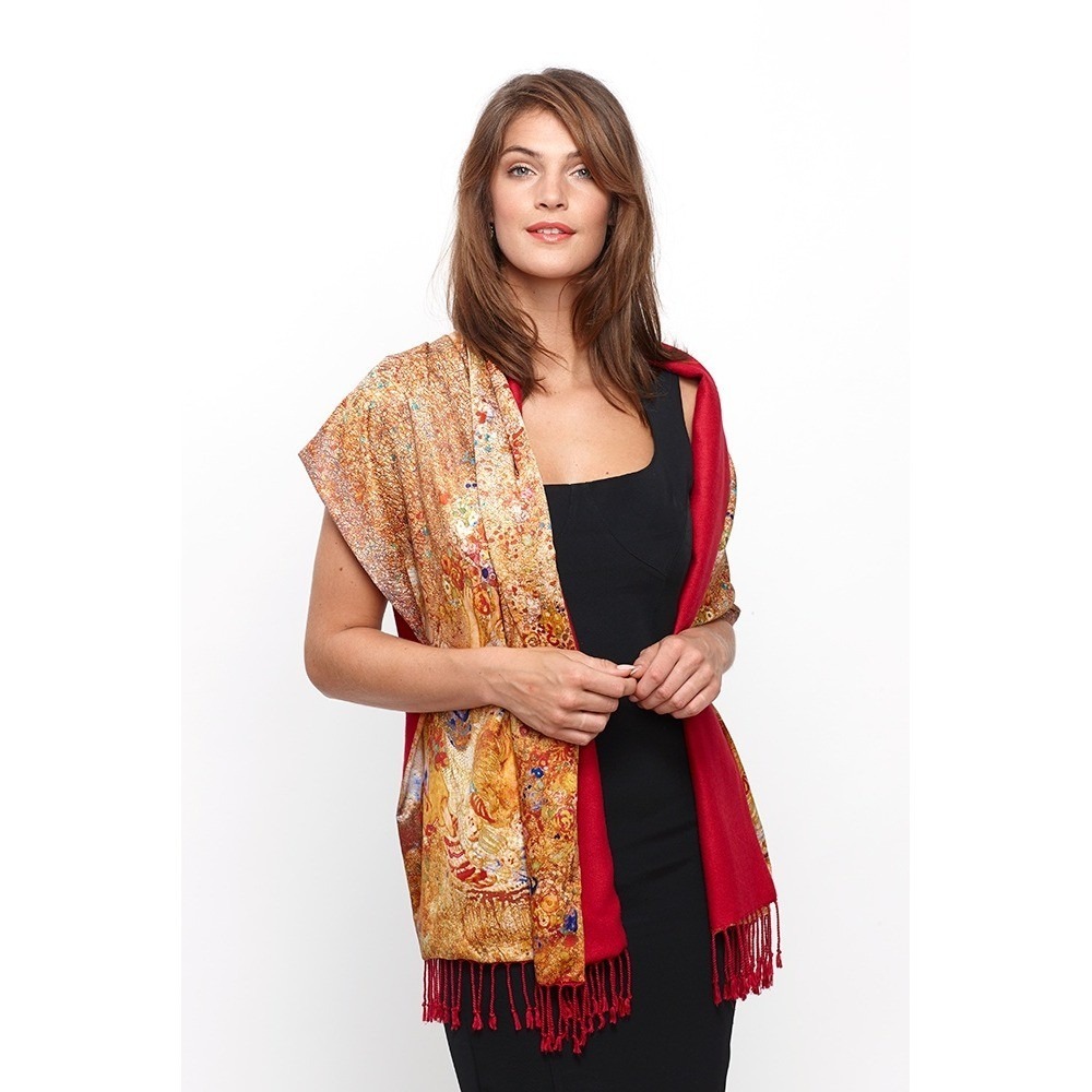 100% Silk Impressionist Art Print Scarf Fringed Shawl Gold Floral Wrap - Picture 6 of 6